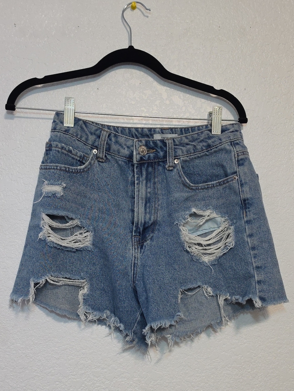 Forever 21 Light Blue Distressed High-Rise Jean Shorts